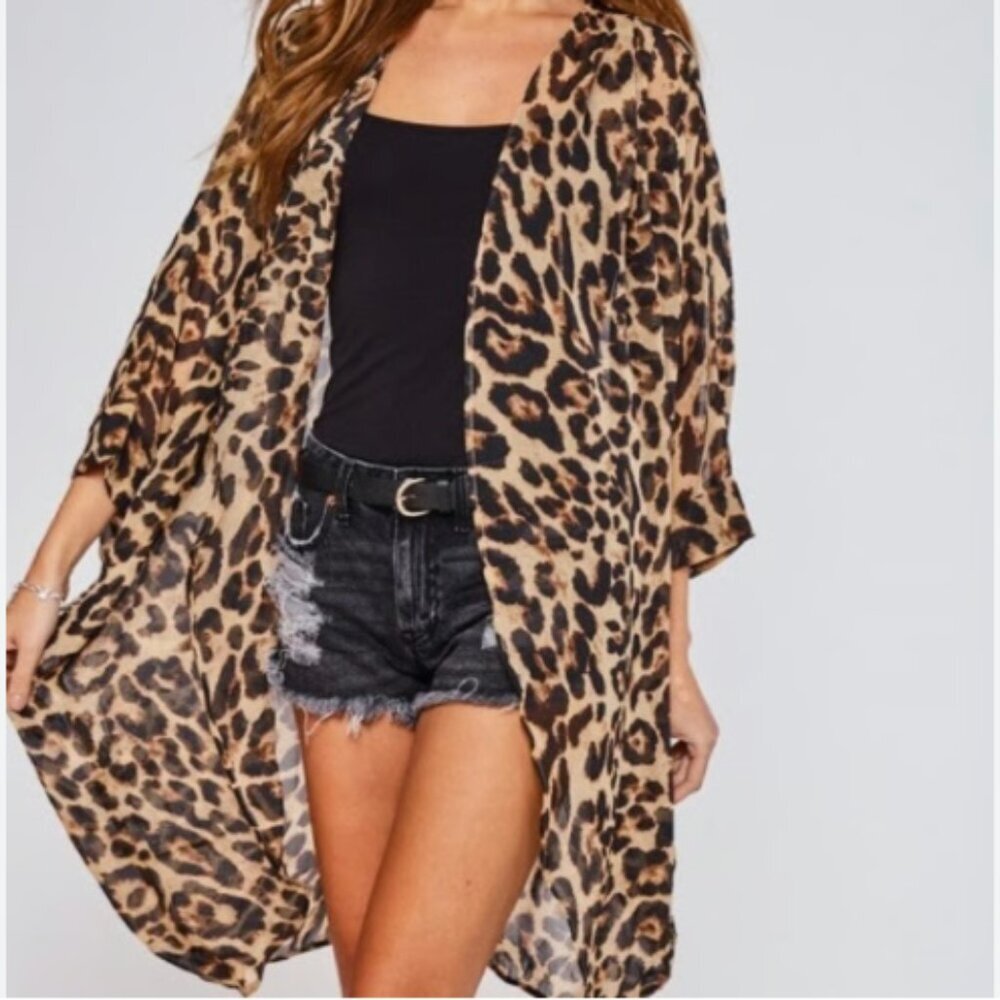 Boutique L Love Brown Leopard Print Open Front Short Sleeve Kimono OS